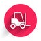 White Forklift truck icon isolated with long shadow. Fork loader and cardboard box. Cargo delivery, shipping