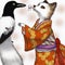 White fox wearing japanese kimono and black raven crow illustration