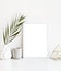 White frame and home decoration details on tabletop with wall, artwork poster mock-up