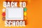 White frame layout for text labeled Back to School and autumn leaves on an orange background
