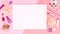 White frame for text appear from the bottom with flowers on pink theme. Stop motionMake up beauty products appear around white fra