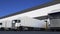 White freight semi trucks loading or unloading. Road cargo transportation 3D rendering