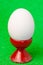 White fresh egg in ceramic red eggcup stand on bright green background macro
