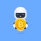 White friendly robot holding a gold bitcoin.