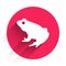 White Frog icon isolated with long shadow. Animal symbol. Red circle button. Vector