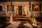 White front porch of country house decorated by Christmas wreaths, Christmas trees, snowman, lights