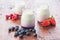 White fruity yogurt in jar and blueberry, raspberry, strawberry