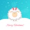 White funny sheep isolated on blue background. Vector christmas greeting card