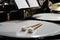 White fur mallets on timpani drum