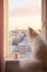 White-furred domestic cat sitting in a window, gazing thoughtfully into the distance, AI-generated.