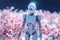 A white futuristic robot walking in a winter snowy peony field