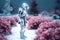 A white futuristic robot walking in a winter snowy peony field