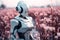 A white futuristic robot walking in a winter snowy peony field