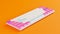 White gaming keyboard, 3d render. Cartoon keyboard with pink keys and backlight, on a orange background