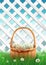 White garden fence with Easter basket grass and flowers, spring background