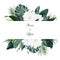 White gardenia, hibiscus, green monstera, palm tropical leaves horizontal card