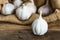 White garlic with blurred garlics in gunny sack cloth background on brown wooden table