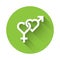 White Gender icon isolated with long shadow. Symbols of men and women. Sex symbol. Green circle button. Vector