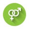 White Gender icon isolated with long shadow. Symbols of men and women. Sex symbol. Green circle button. Vector