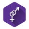White Gender icon isolated with long shadow. Symbols of men and women. Sex symbol. Purple hexagon button