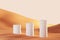 White geometric podiums on the sand in the desert sunset. Terracotta background 3d illustration