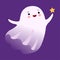 White Ghost Flying with Star, Cute Halloween Spooky Character Vector Illustration