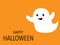 White ghost with happy halloween sign on orange background