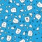 White ghosts and phantoms on blue background doodle pattern. Funny ghost and shadow Halloween pattern.