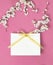 White gift bag with gold ribbon and branch of spring white flowers on bright pink background. Greeting card with delicate flowers