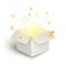 White gift box confetti explosion. Magic open surprise gift box package decoration