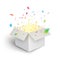 White gift box confetti explosion. Magic open surprise gift box package decoration