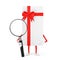 White Gift Box and Red Ribbon Character Mascot with Magnifying Glass. 3d Rendering