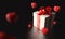 White gift box with red ribbon and many rainy heart dropping from sky on black background. Valentine Christmas holiday and Black