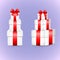 White gift box with red satin bow. The cubic shape of the real box, tied with red wrapping tape, stands on the surface in the