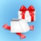White gift box with red satin bow. The cubic shape of the real box, tied with red wrapping tape, stands on the surface in the