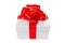 White gift box with red satin bow and ribbon