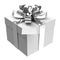 White gift box with silver ribbon and paper card