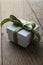 White Gift Box with Soft Green Ribbon on Old Wood Table