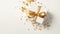 White gift box tied with gold ribbon star shaped confetti on neutral background. Holiday presents shopping celebration