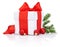 White gift box tied Red satin ribbon bow, three Christmas ball