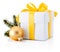 White gift box tied yellow ribbon and Christmas bauble Isolated