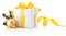 White gift box tied yellow ribbon and Christmas bauble Isolated