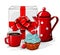 White gift boxt with red ribbon and cupcake with blue cream and cherry, cup of coffee and red tea pot on white