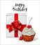 White gift boxt with red ribbon and cupcake with white cream and cherry on white background, illustration