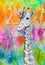 White giraffe drawing on bright rainbow colored background.