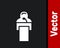White Gives lecture icon isolated on black background. Stand near podium. Speak into microphone. The speaker lectures