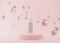 White glass bottle of cosmetic liquid, gel standing on pink podium, with flowers flying in the air. Blank, unbranded