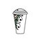 White glass. Cup of coffee with green floral flower border. Vector paper cup of tea. Plastic hot drink glass. Container juice take