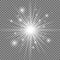 White glowing light explosion with transparent background. Vector illustration. Bright star. Shining flare