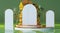 white gold and Marble Cylinder Poduim in green background, pedestal for products display. Natural beauty poduim backdrop with gold